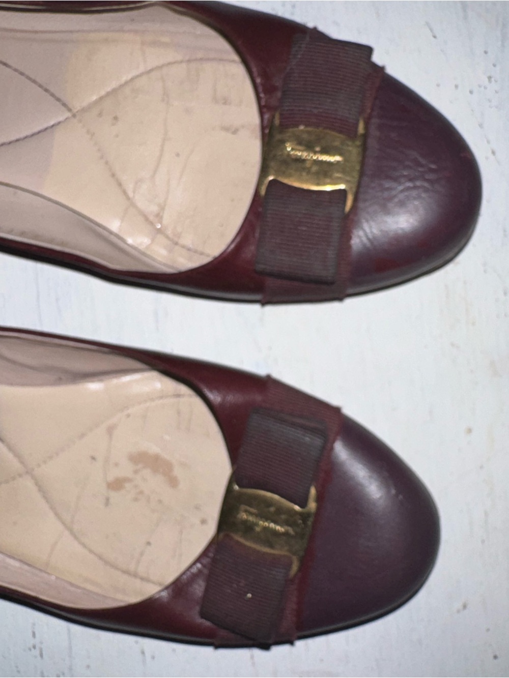 Salvatore Ferragamo Maroon Leather Bow Flats with Gold Hardware